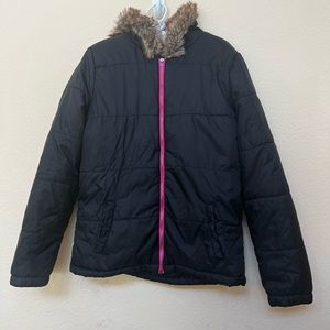 Roxy Black Hot Pink Zipper Fur Hood Coat Medium #B1/2